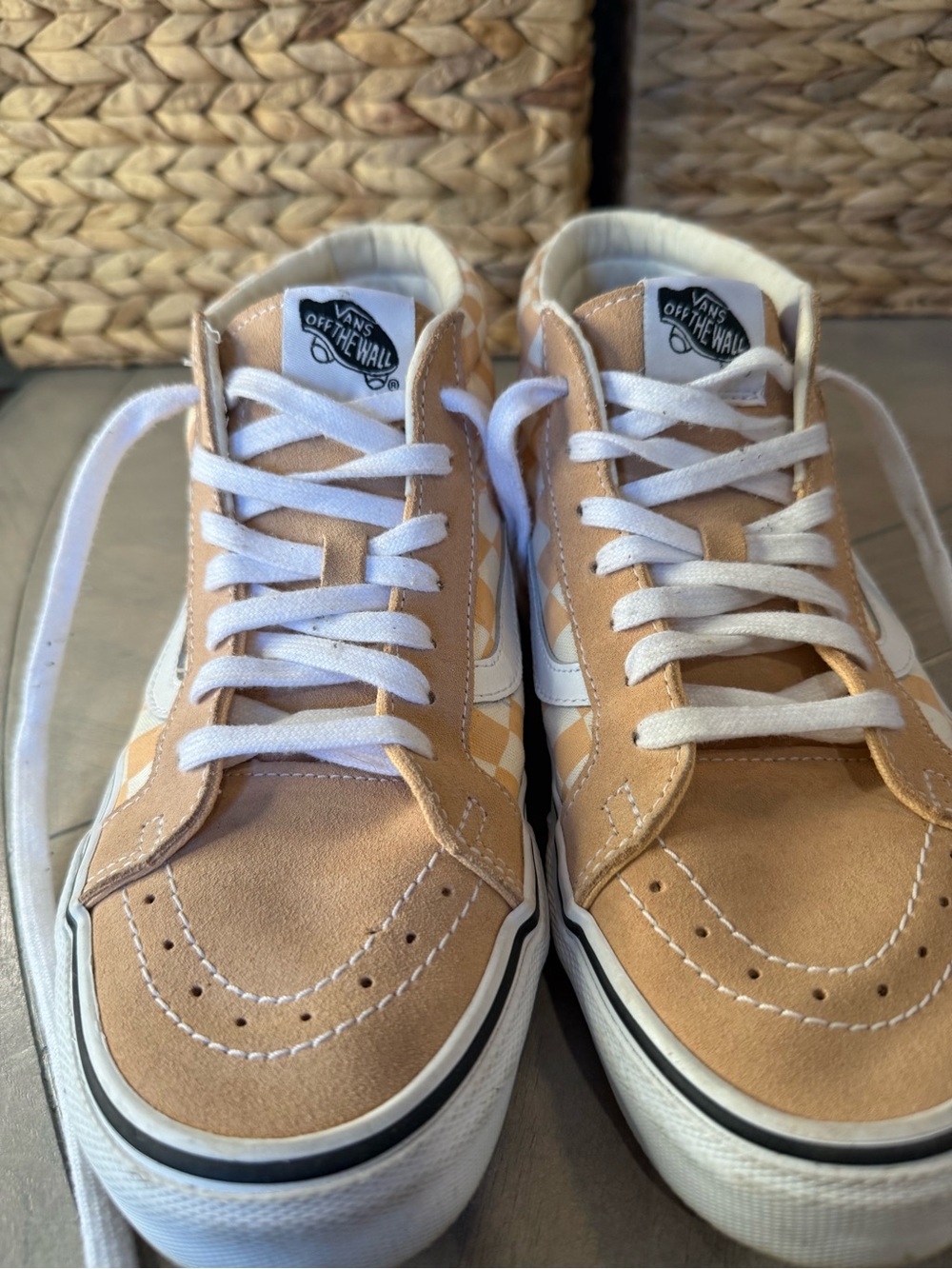 Vans Checkerboard High-Top Sneakers in Beige and White - Picture 3 of 8
